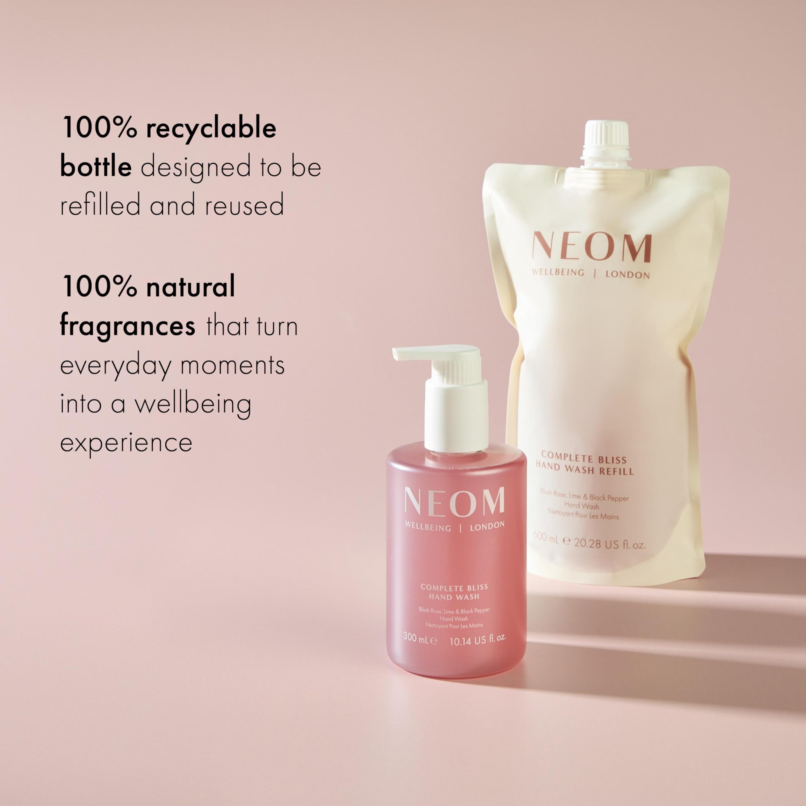 Neom Complete Bliss Hand Wash Refill, 600ml I Infused with soothing pomegranate, chamomile extracts and skin-softening aloe vera I 100% natural fragrances and 100% recyclable pouch