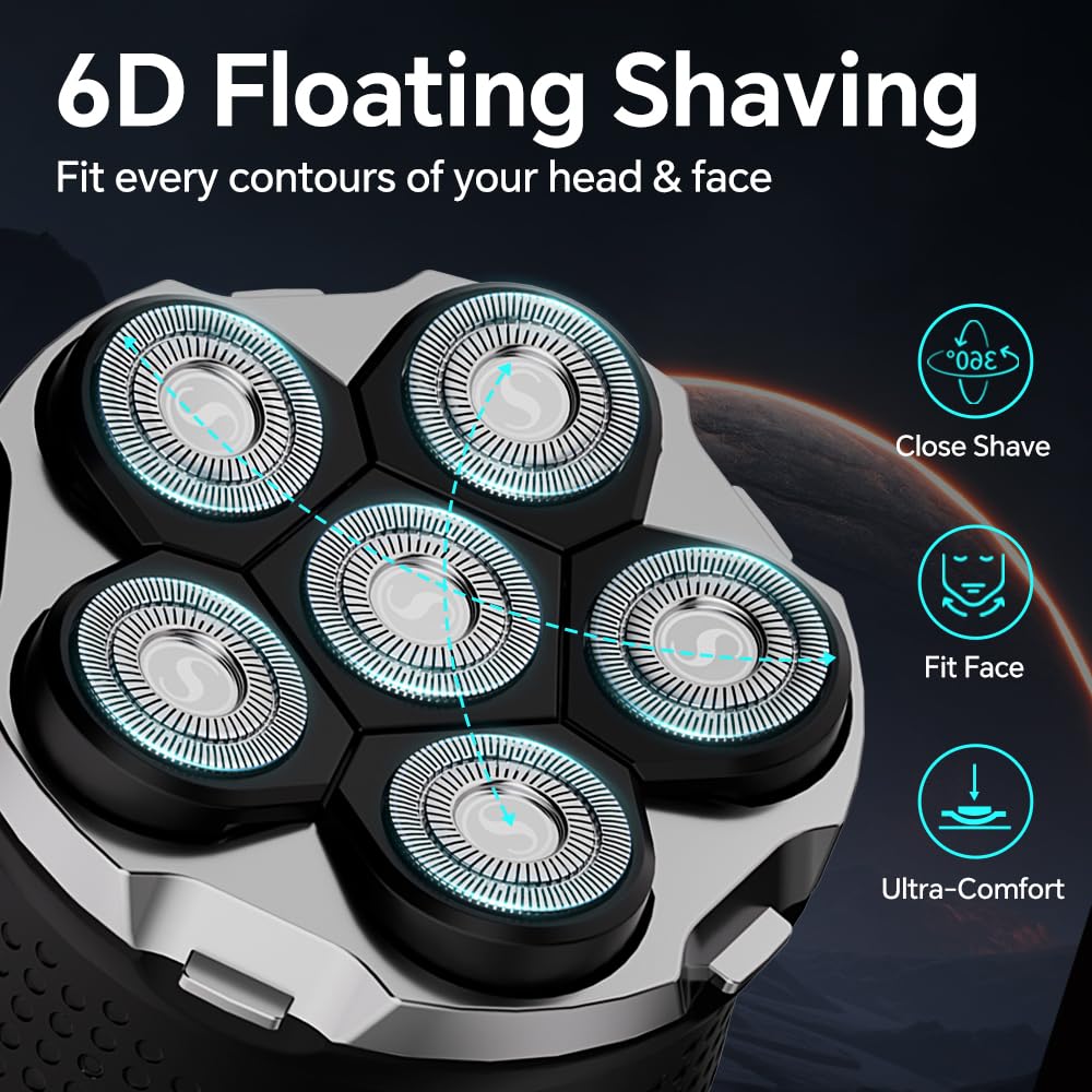 Mens Electric Bald Head Razor,Head Shaver for Bald Men Grooming Kit Wet-Dry Rotary Shavers Nose Hair Beard Trimmer Clippers Facial Cleansing Brush Cordless Waterproof USB Charging Rechargeable