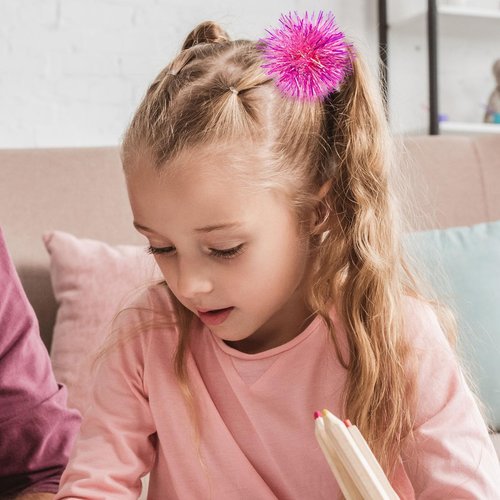 12 Pcs Foil Strips Pom Pom Hair Clips Tinsel Fluffy Ball Elastic Ponytail Holders Shiny Cute Scrunchies Pompom Cosplay Fashion Hair Accessories for Women Girls Birthday Halloween Christmas Party