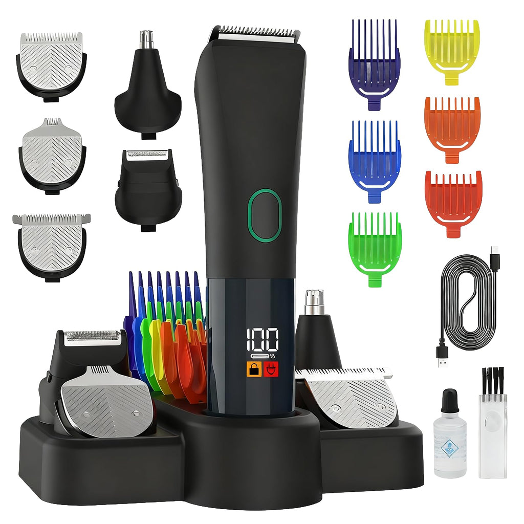 Nizzarra Hair and Beard Trimmer, 5 in 1 Men's Grooming Kit, Electric Hair Clipper Body Shaver for Ear, Nose, Face, Groin with 5 Guards Combs & Charging Stand