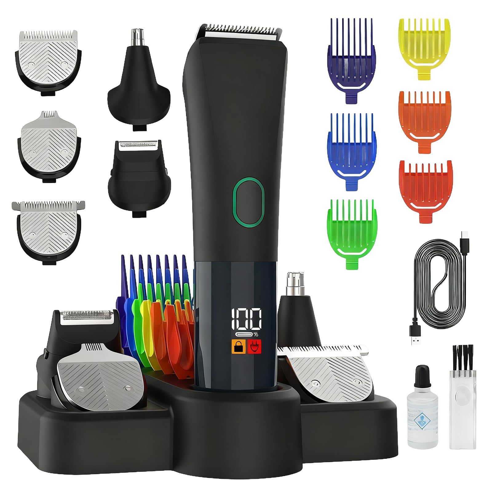 Nizzarra Hair and Beard Trimmer, 5 in 1 Men's Grooming Kit, Electric Hair Clipper Body Shaver for Ear, Nose, Face, Groin with 5 Guards Combs & Charging Stand