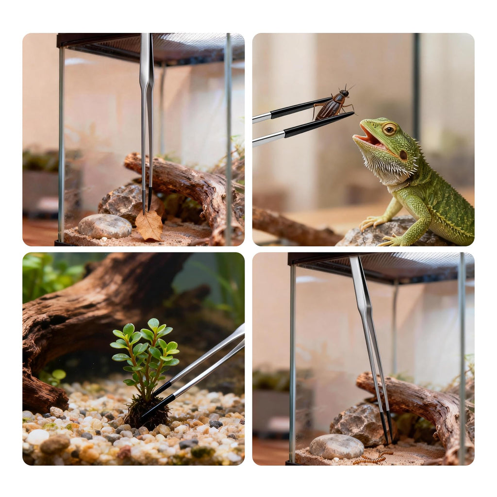 2PCS Reptile Feeding Tongs,10.6" Extra Long Stainless Steel Tweezers with Rubber Tips, Bearded Dragon Lizards Aquarium Straight and Curved Long Tweezers for Snake Feeding, Terrarium, Aquarium(Silver)