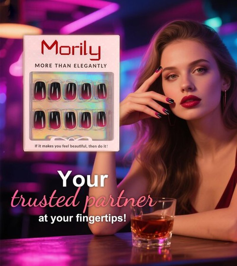 Morily Black Hot Pink Ombre Press on Nails Short, Square Shaped Fake Stick on Nails for Women in 16 Sizes, 32 Pcs Reusable Full Cover Artificial False Fingernails