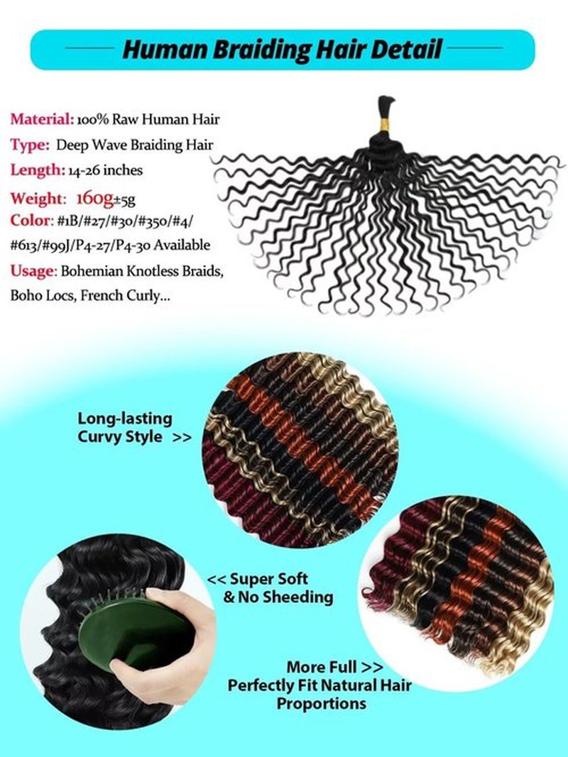 Boho Hair for Braiding 5 Bundles 20 Inch 160g Human Briaing Hair for Boho Brids Deep Wave Bulk Extensions for Bohemian Knotless Braids 100% Unprocessed Brazilian Virgin No Weft Hairs Natural Color