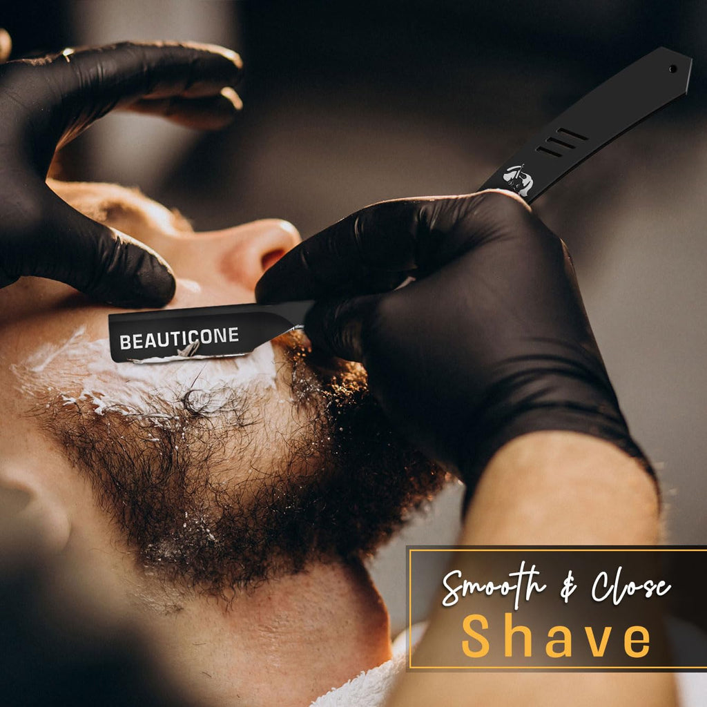 BEAUTICONE Barber Straight Razor for Men – Professional Shavette with Slide-Out Blade Holder, 20 Stainless Steel Blades Included, Cut Throat Razor, All Black