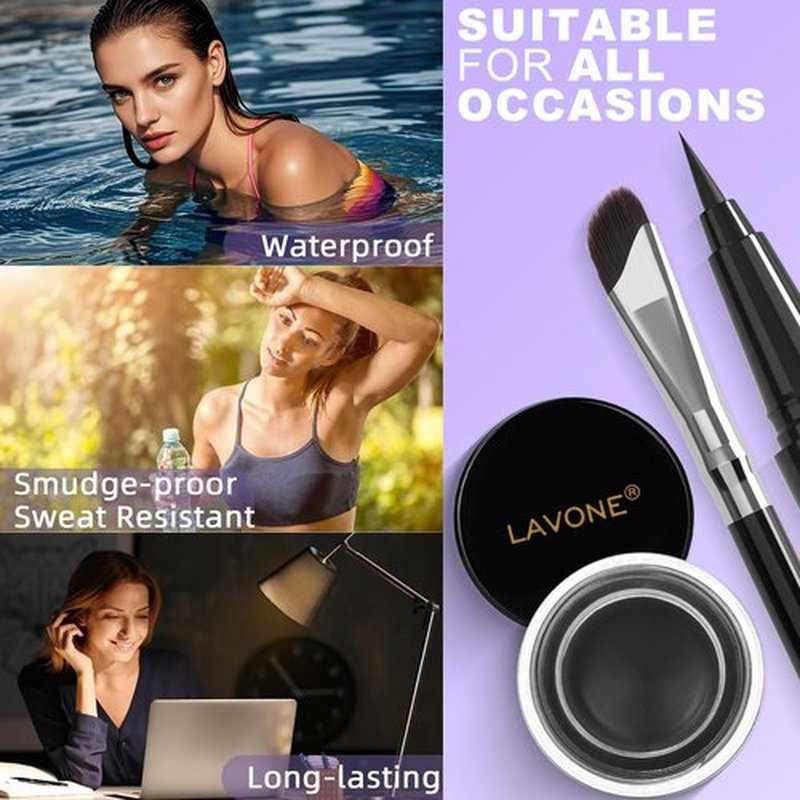 LAVONE Eyeliner Set - Waterproof Makeup Kit with Liquid Eye Liner Pencil, Gel Eyeliner and Angled Eye Liner Brush, Waterproof, Smudge Resistant, Long Lasting Formula - Black