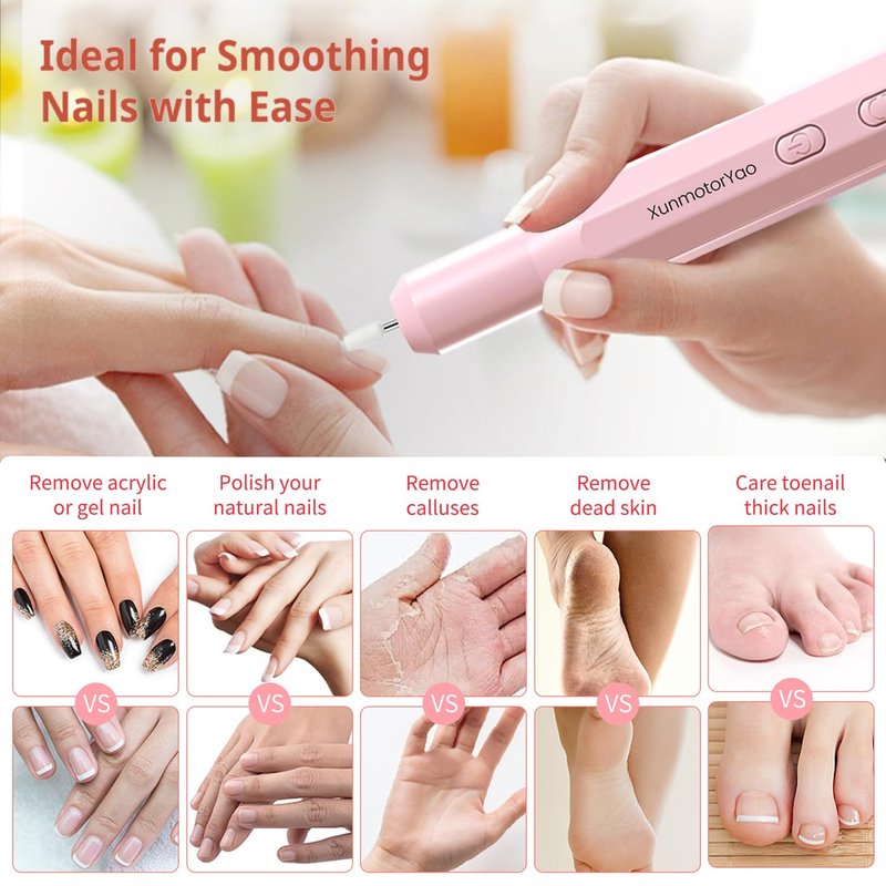 XunmotorYao Cordless Nail Drill Kit,Electric Nail File for Acrylic Gel Nails 3 Speeds Adjustable Rechargeable Electric Nail Tools Manicure and Pedicure Kit for Home&Salon(Pink)