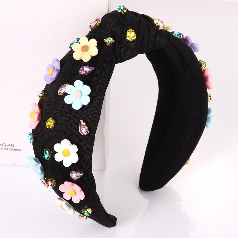 vokone Flower Headbands for Women Girls Crystal Jeweled Embellished Knotted Headband Statement Summer Headband Beach Accessories(Black-Colorful)