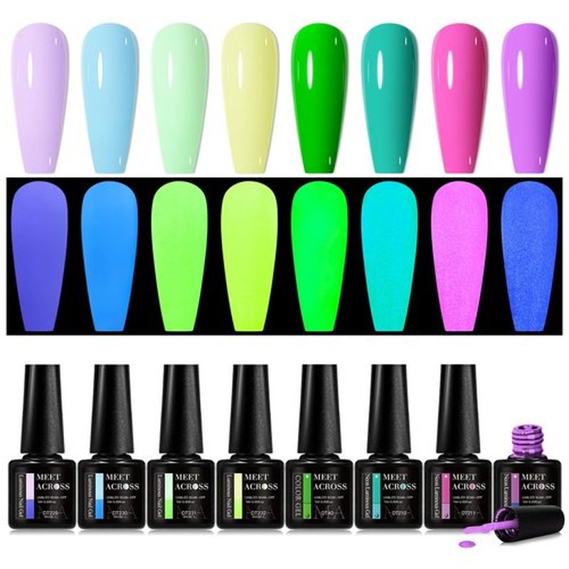 MEET ACROSS Glow in the Dark Gel Nail Polish Set, Halloween Neon Hot Pink Yellow Green Bright Luminous Gel Polish Fluorescent 8 Colors Glow in Dark Effect with Base Top Gel Nail Dehydrator and Primer