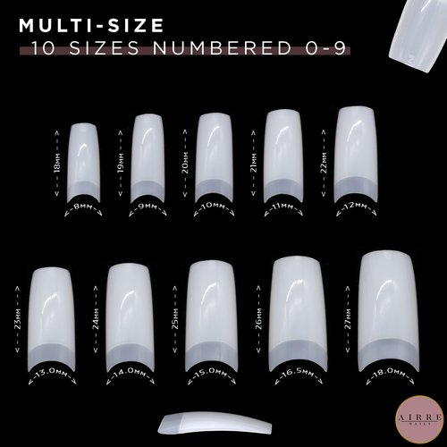 500 AIRRE Pro Acrylic Nail Tips & 3 Files with Box - (10 Sizes) French Square Half Cover False Nails. For Salons MUA & Home DIY. Use: Cut, File & Shape, UV/LED Gel, Polish & Nail Art (Colour: Natural)