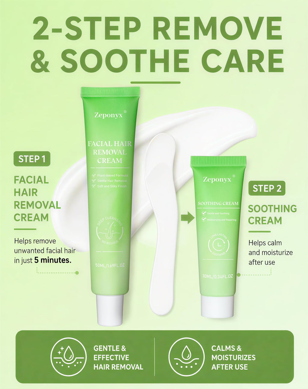 Facial Hair Removal for Women, 5-Minute Painless Face Hair Removal with Soothing Cream | At-Home Depilatory for Upper Lip, Chin & Sideburns | Sensitive Skin Friendly | Smooth Up to 7 Days, 2.03 Fl Oz