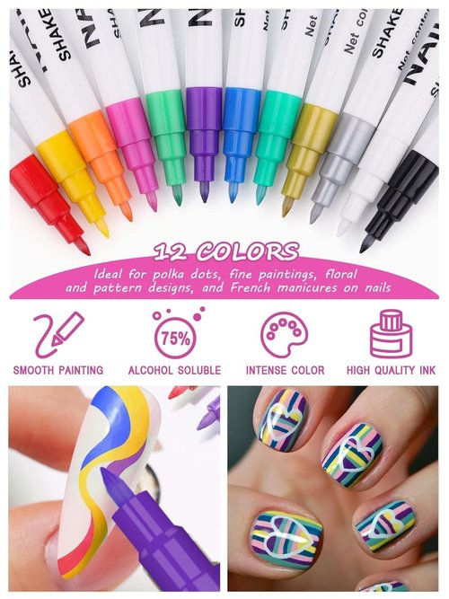 Kalolary 3D Nail Art Pens Set, 12 Color Pens, DIY Nail Art Beauty Adorn Manicure Tools