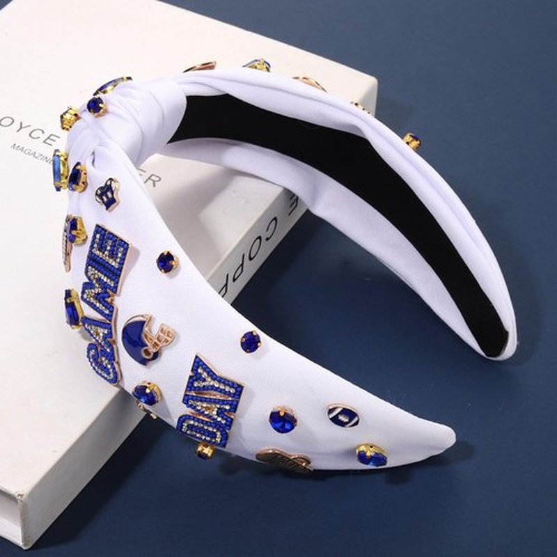 Football Headband for Women Football Accessories Beaded Football Rhinestone Crystal Knotted Headband Jeweled Embellished Game Day Top Knot Hairband Football Mom Hair Accessories (D-White Blue)