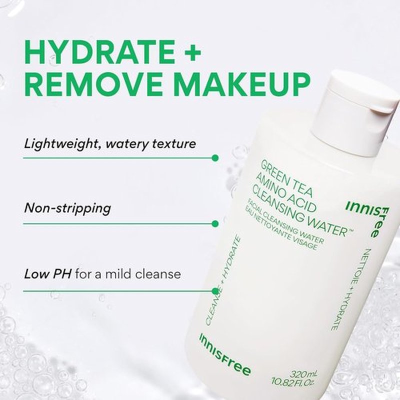 Innisfree Green Tea Amino Acid Cleansing Water - Hydrating Micellar Makeup Remover | Dermatologist Tested