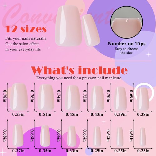 AddFavor 300pcs Coffin Press on Nails Medium Fake Nails Nude Pink Nails Glossy Ballerina Square Nail Press on Acrylic False Nail for Women Girls