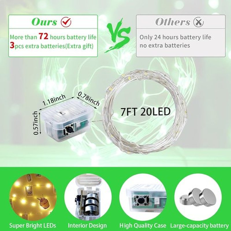 Green Fairy Lights - 12 Pack 7Ft 20 LED Twinkle String Lights | Battery Operated & Waterproof for Holidays