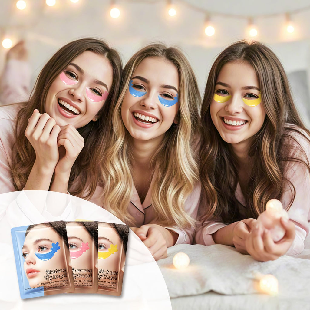30 Pairs Under Eye Patches,Tri-color Star Under Eye Mask Patches for Sleepover Party,Cooling Eye Patches for Puffy Eyes and Dark Circles,Blueberry+Watermelon+24K Gold Hydrogel Overnight Eye Patches