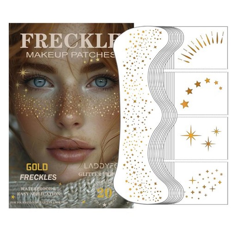 20 Pcs Gold Face Makeup Patches, Glitter Freckles Face Tattoo Gold Makeup, Glitter Freckles, Sparkle Makeup Patches, Waterproof Face Glitter Temporary Tattoos for Women and Girls