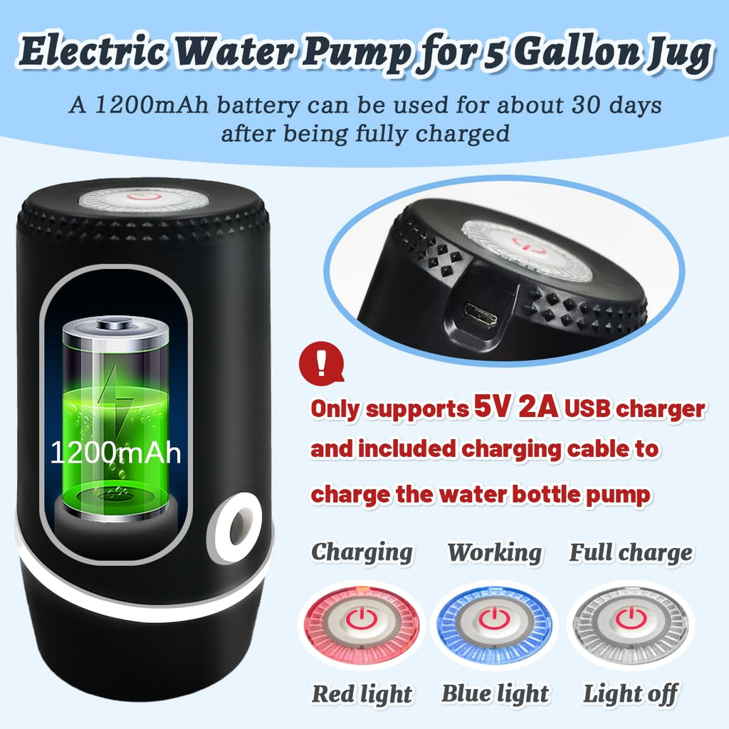 Water Dispenser for 5 Gallon Bottle, Electric Water Pump for 5 Gallon Jug with Switch and USB Charging, Portable Automatic Water Jug Dispenser for Camping, Travel, Home, Kitchen, Office