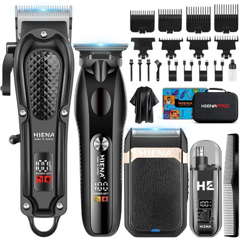 HIENA PRO Hair Clippers for Men Professional, Cordless Barber Clipper & T-Blade Beard/Hair Trimmer Set, Electric Razor Foil Shaver Nose Trimmer Barber Kit, Men's Hair Cutting Kit