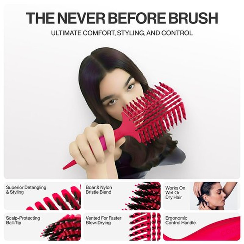 COCCO Aura Vent Boar Brush | Vented Dual-Curved Design for Faster Drying, Effortless Detangling & Shine, Boar + Nylon Bristles, Ergonomic Comfort Handle for Wet & Dry Hair Styling - Pink