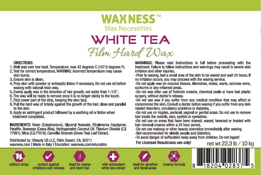 Waxness Film Hard Wax Beads White Tea 22 lb (10 kg) – Stripless Professional Hard Wax Bulk Size for Face & Body, Salon Use – Made in Italy