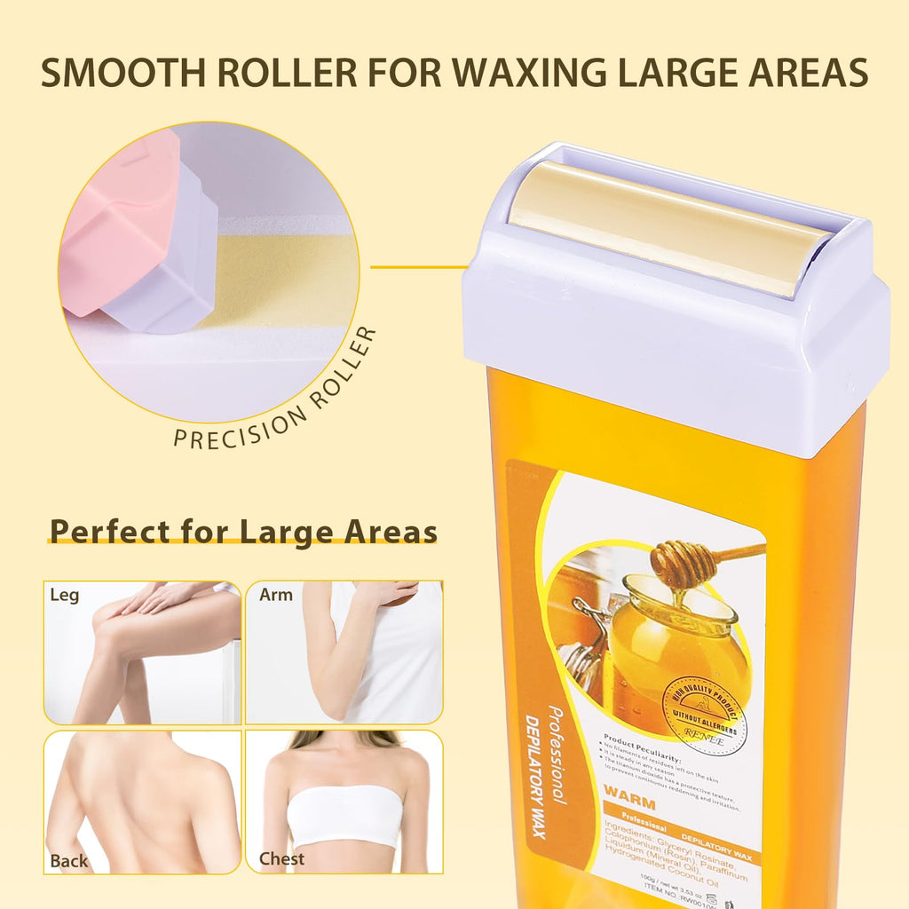 Roll on Wax Refill Kit: 4 Honey Wax Roller Refill & 10 Cleaning Wipes - Hair Removal Cartridge for Body Leg Arm (100g/3.53oz, 4 Pack)