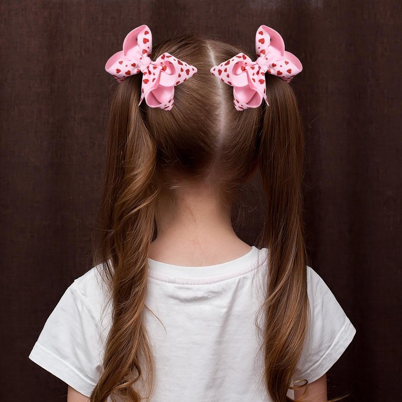Valentines Pink Hair Bows Gift for Girls Women 2Pcs 4.3in Cute Handmade Glittery Red Love Heart Ribbon Alligator Clips, Her Wedding Birthday Party Dress Decoration Accessories