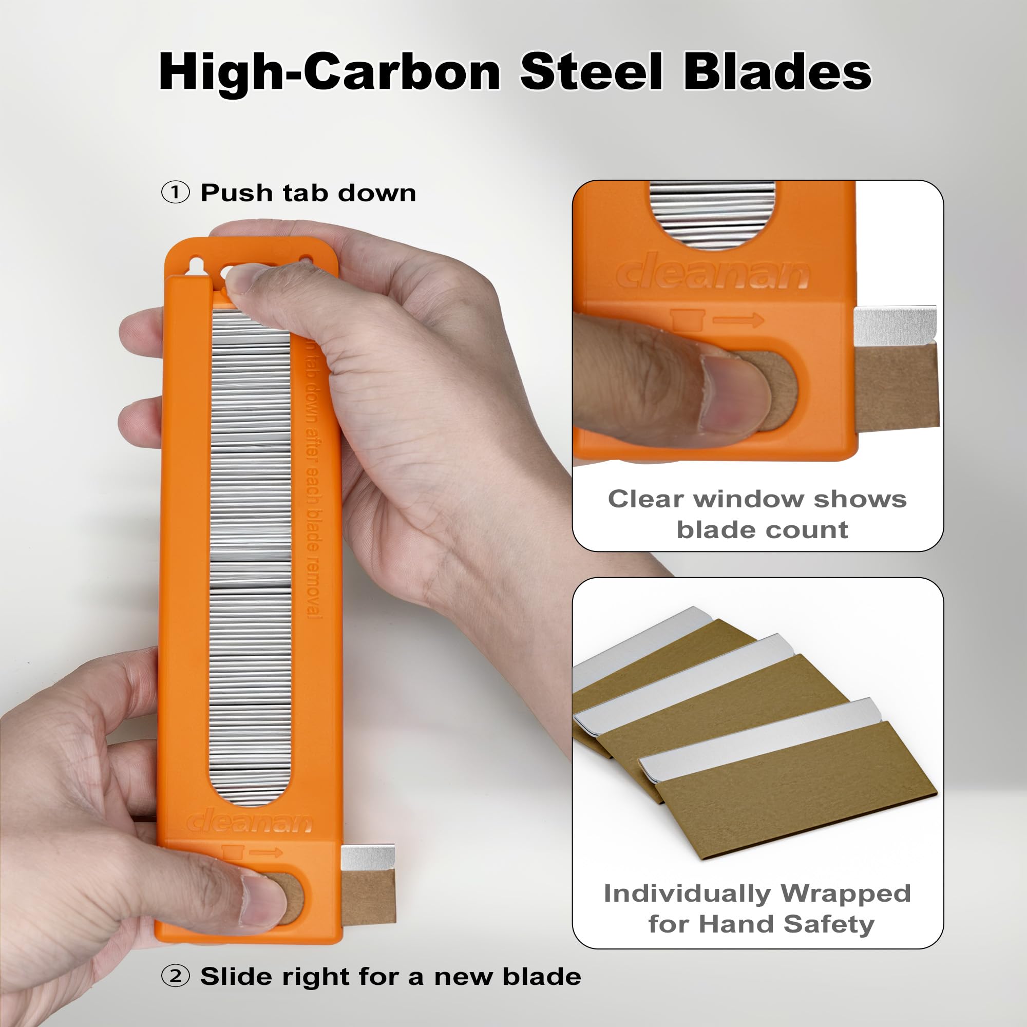 100-Pack Single Edge Razor Blades with Dispenser, Carbon Steel Scraper Blades, each Blades measures 1.5" x 0.75", Fits Standard Scrapers, for Removing Paint, Labels & Stickers, DIY & Professional Use