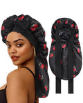 AWAYTR Long Hair Bonnet for Women - Reversible Double Layer Satin Silk Bonnet for Sleeping with Tie Band (Black Cherry+Black)