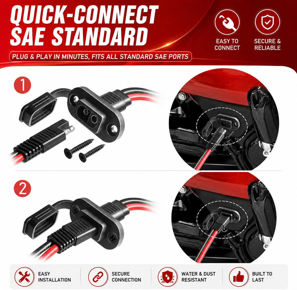 SAE to O Ring Connector 2FT 10AWG, SAE Battery Quick Connect Plug Waterproof Extension Cable for Solar Panel, Street & Road Glide Motorcycle Charging Port Upgrade, RV, Solar Generator Battery Charger