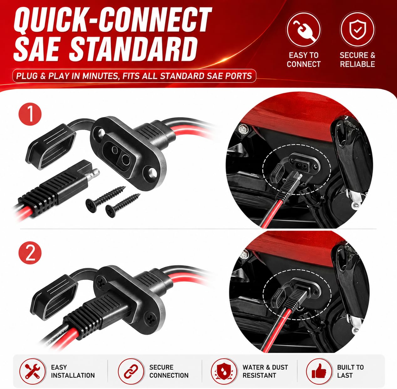 SAE to O Ring Connector 2FT 10AWG, SAE Battery Quick Connect Plug Waterproof Extension Cable for Solar Panel, Street & Road Glide Motorcycle Charging Port Upgrade, RV, Solar Generator Battery Charger
