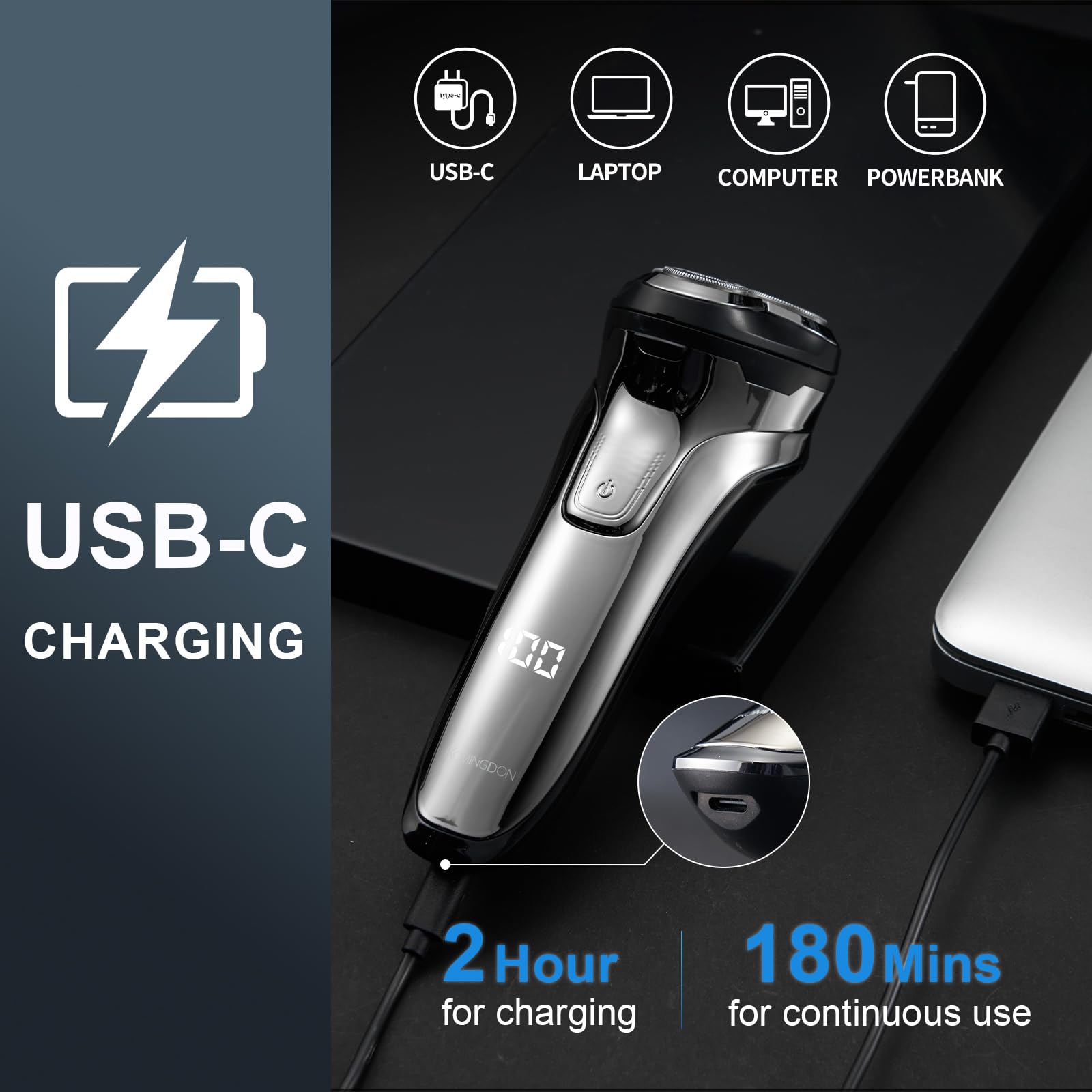 Electric Razor for Men, Cordless Shaver for Men Face, USB-C Rechargeable Mens Electric Razors for Shaving face,Waterproof Wet Dry Shaver with Pop Up Trimmer, Portable Razor by KOMINGDON
