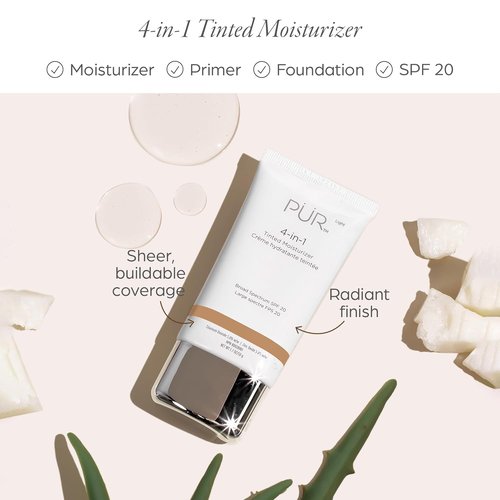 PÜR MINERALS 4-in-1 Tinted Moisturizer SPF 20 - Hydrating Primer & Foundation with Shea Butter, Aloe Vera & Vitamin B3 - Vegan & Paraben-Free