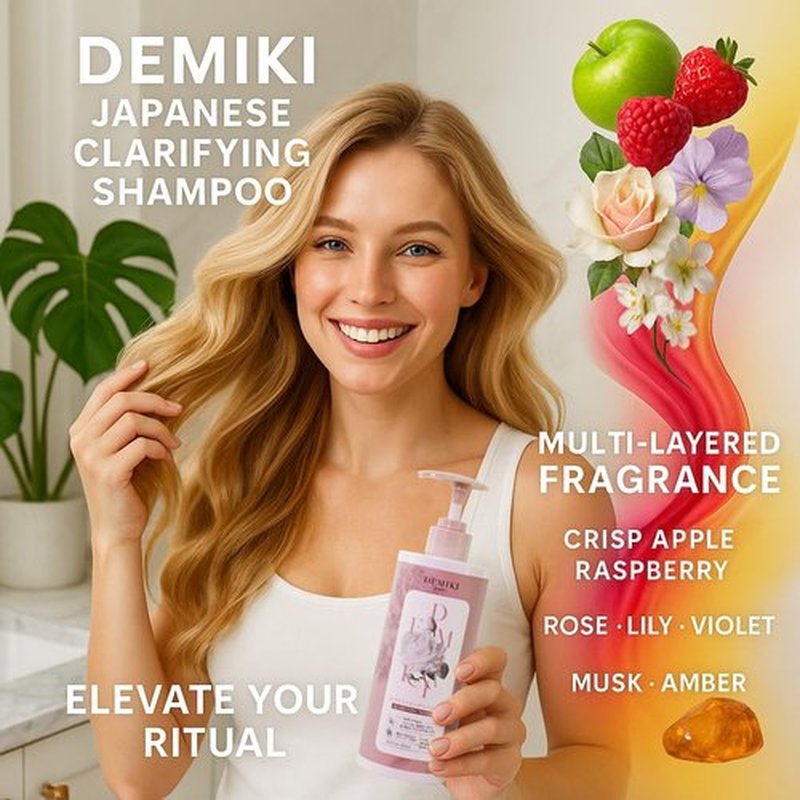 Demiki Japanese Shampoo for Women - Anti-Dandruff & Clarifying Formula, Sulfate-Free, 450ml | Rose Scent