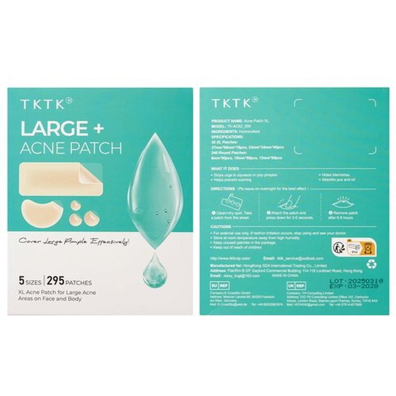 TKTK Large Pimple Patches for Face, 68 x 27 mm XL Hydrocolloid Bandages, Big Acne Patches for Body, Forehead, Chin, Nose, Chest and Back Blemish Zit Breakouts (Strip, Contoured, Dot 5 Sizes 295 Count)