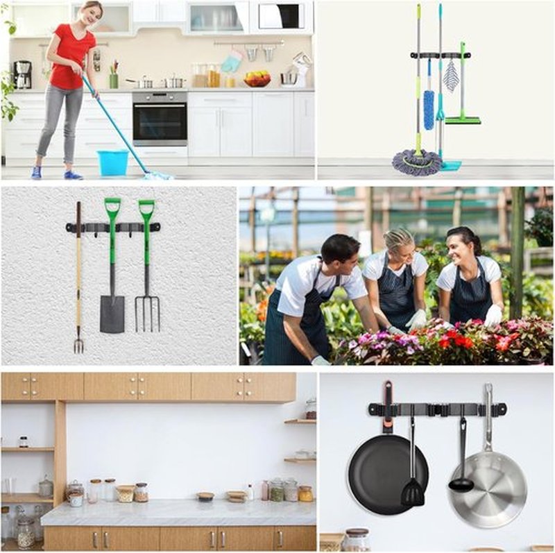Huryfox Heavy-Duty Stainless Steel Broom Holder - Adjustable Wall Mount, 3 Racks & 2 Hooks, Black