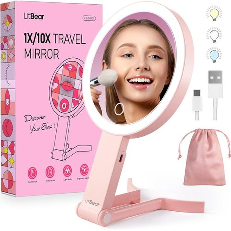 LitBear Travel Makeup Mirror - Rechargeable Double-Sided 10X/1X Magnifying Mirror | Dimmable Touch Screen, Pink