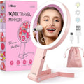 LitBear Travel Makeup Mirror - Rechargeable Double-Sided 10X/1X Magnifying Mirror | Dimmable Touch Screen, Pink