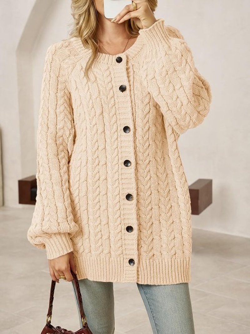 Saodimallsu Women's Cable Knit Cardigan - Oversized Chunky Button-Down with Lantern Sleeves