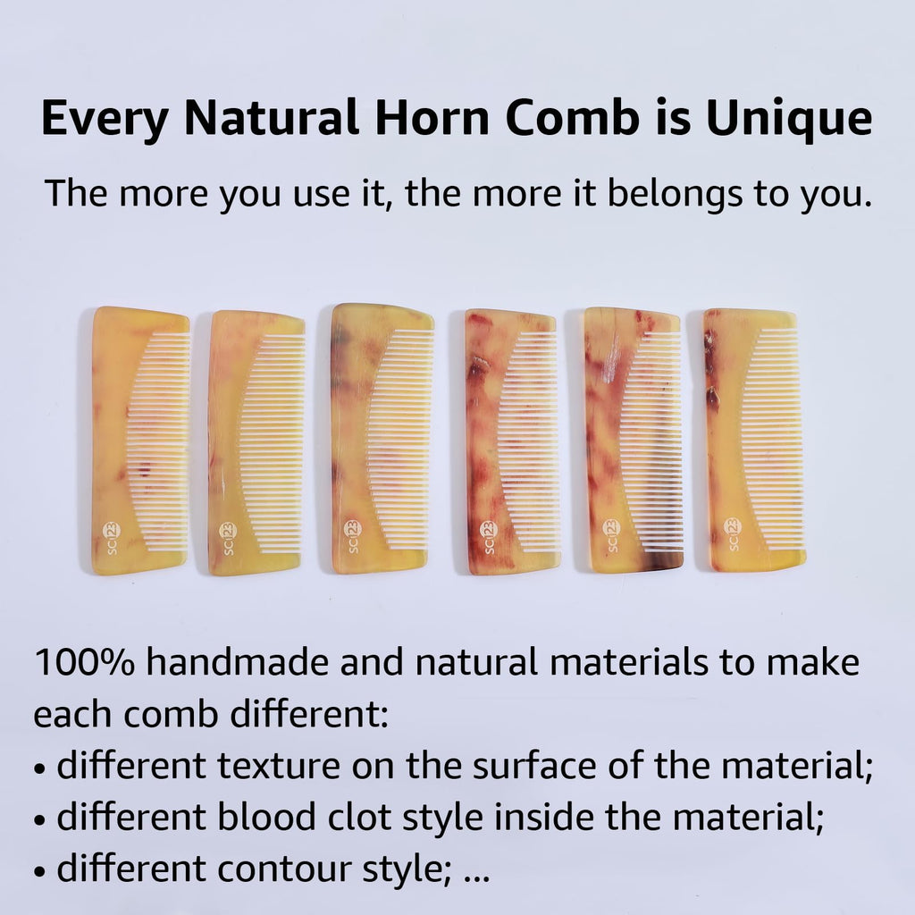 SC123 Untreated 4.7 inch Real Ox Horn Hair or Beard Mustache, Birth Labor Comb, Handmade Fine Tooth Small Pocket Travel, Anti-static, Detangling, Massage, Scalp Gua sha for Women, Men