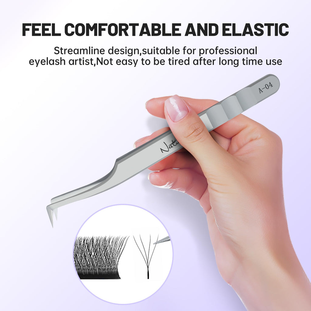 Natuhana High Precision Lash Tweezers for Individual and Volume Eyelash Extensions Premium Stainless Steel Curved Fiber Tip Professional Isolation Tweezer