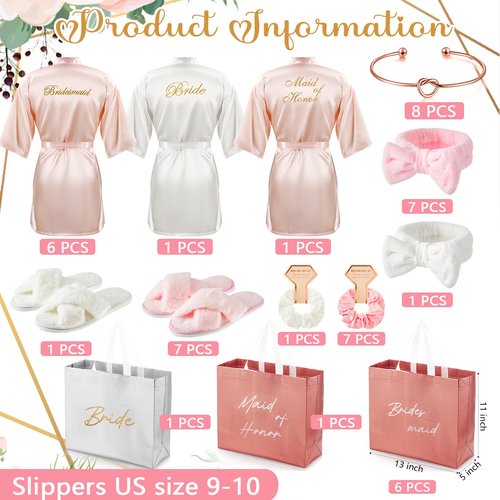 Shyyween 48 Pcs Bridesmaid Bride Robes Set of 8 Bridal Party Silk Satin Robes for Wedding Bachelorette Party Gifts (White,Pink)