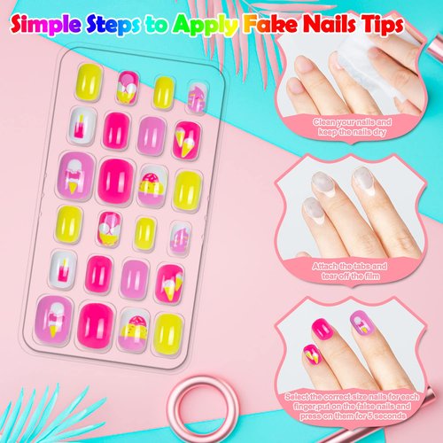 144 Pieces Fake Nails for Kids Girls Artificial Kids Press on Nails Full Cover Short Acrylic Stick On Nails False Nail Tips Kit for Children Little Girls Nail Art Decoration (pink style)