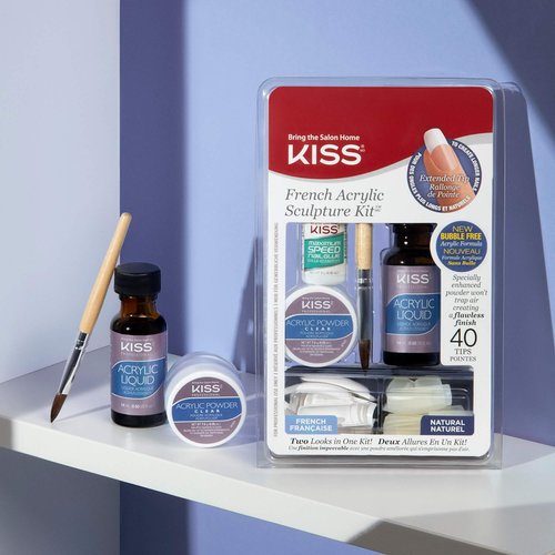 KISS French Acrylic False Nails Sculpture Kit, Natural & French Manicure, Extended Bubble-Free Nail Tips with Acrylic Liquid & Powder, Maximum Speed Nail Glue, Application Brush, & 40 Fake Nails