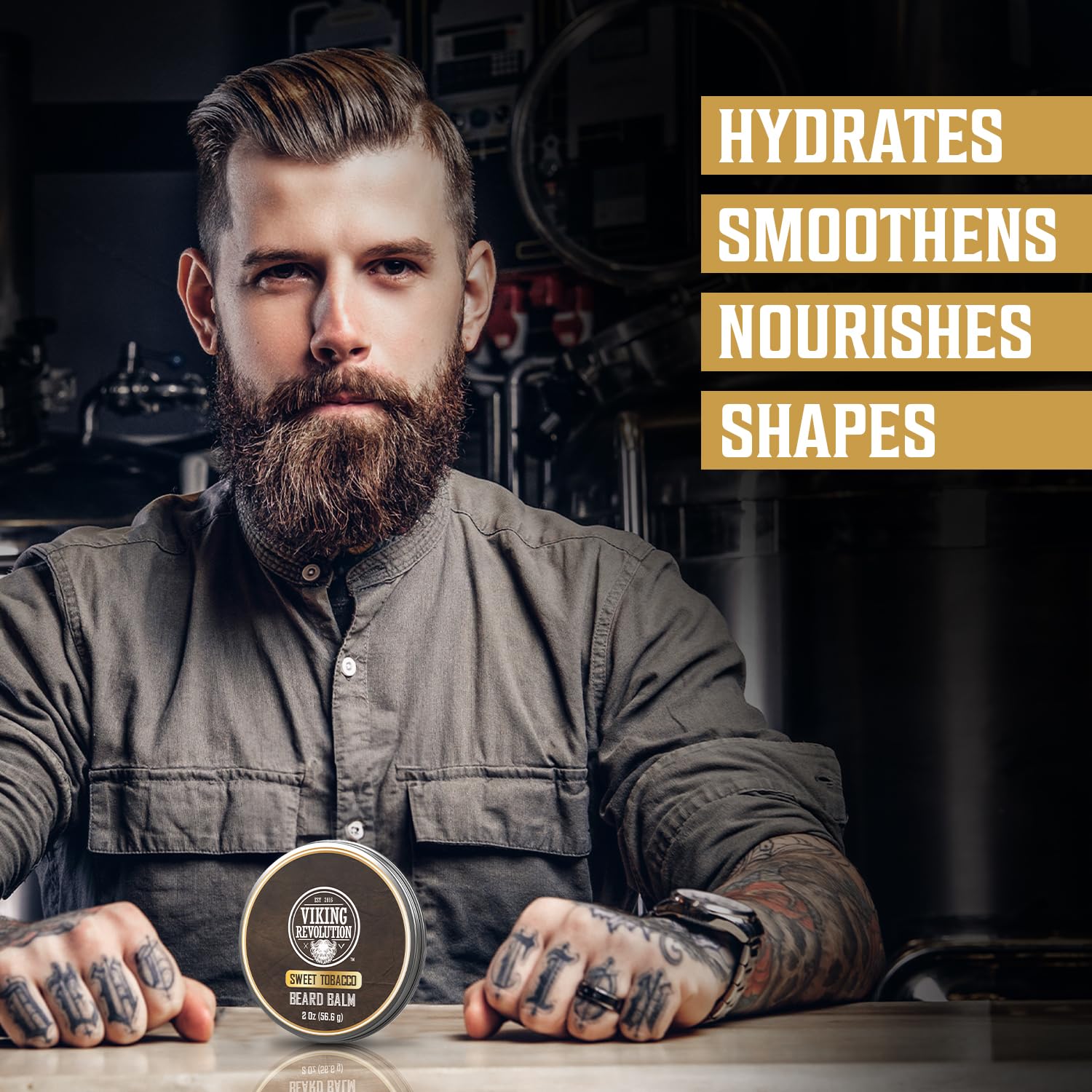 Viking Revolution Sweet Tobacco Beard Balm - Tobacco Scented Beard Butter with Argan Oil & Jojoba Oil - Softens and Moisturizes Beards for Men (2oz, 1 Pack)