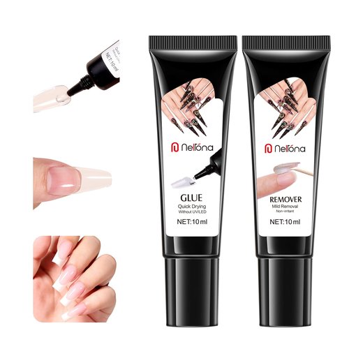 Nelrona Semi Solid Nail Glue 10ml for Press On Nails with 10ml Remover Kit Nail Tips Glue Gel - No Lamp Needed, Quick Drying, Long Lasting 30+ Days for Fake Acrylic Nails