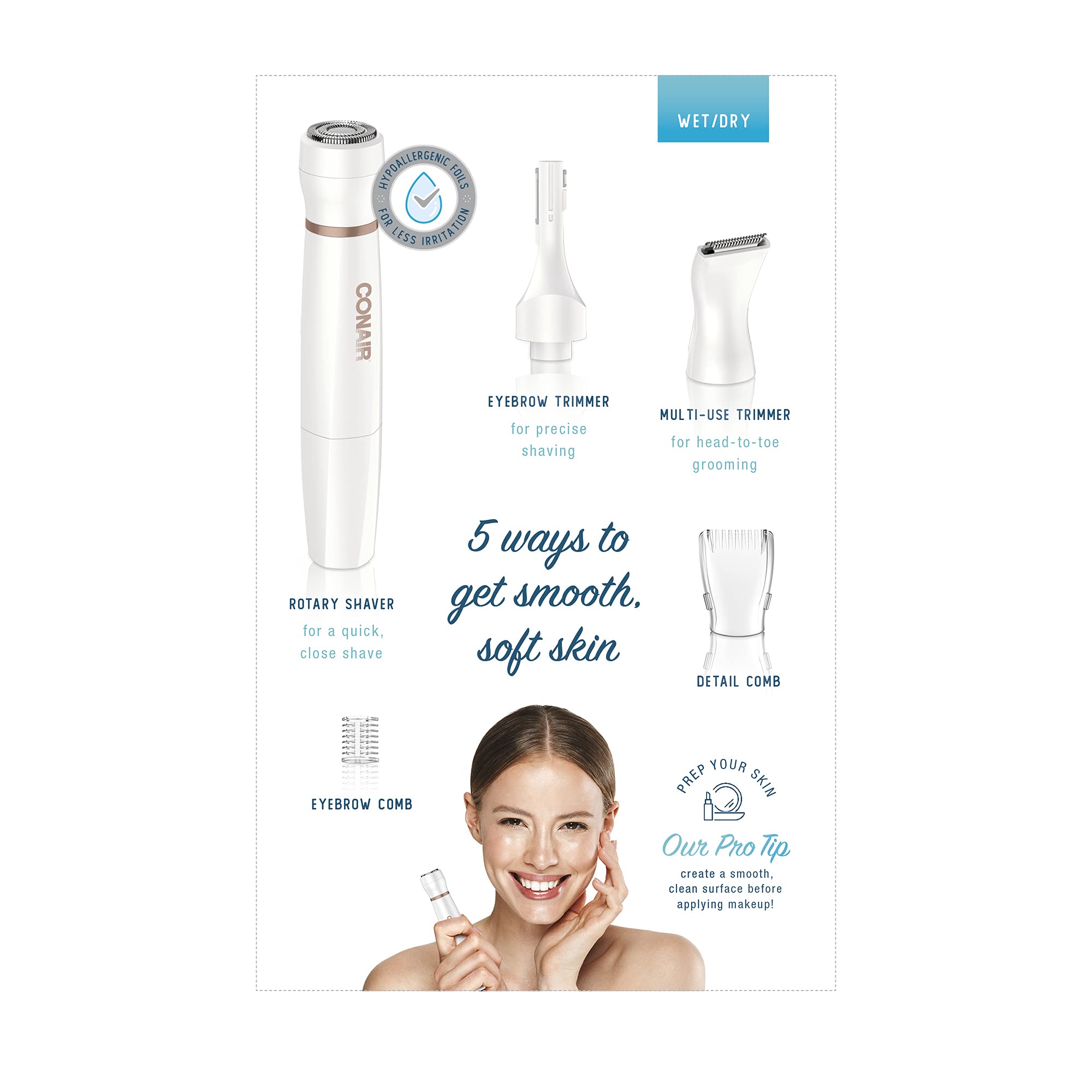 Conair All-in-1 Facial Hair Removal for Women, Cordless Electric Trimmer, Perfect for Face, Ear/Nose, Eyebrows, and Bikini Lines (Pack of 4)