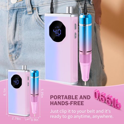 KAWBIYJ Professional Nail Drill, 40000RPM Electric Nail File for Acrylic Gel Nails Polishing Removing, Rechargeable Portable Cordless Nail Drill Kit with Full Set of Accessories at Salon Home