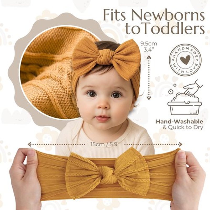 Binatia Baby Girl Headbands Set – 12 Pack Ribbed Nylon Bows – Soft & Stretchy Newborn to Toddler Turbans – No Mark, Non-Slip, Textured Design Hair Accessories for Infant Girls